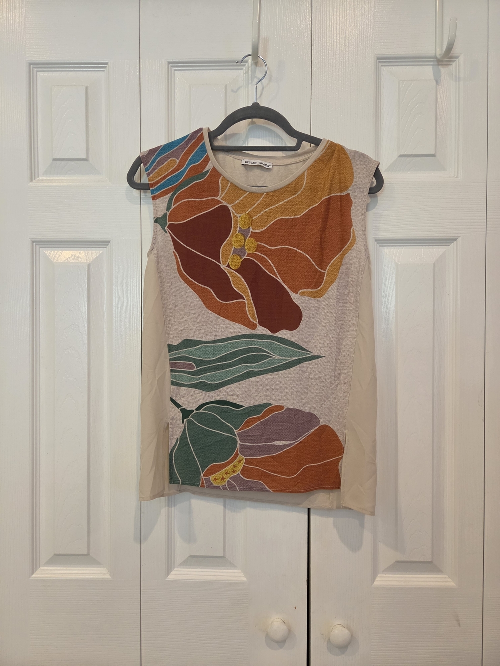 Zara Beige Tank Top with Rust, Green & Mustard Floral Print